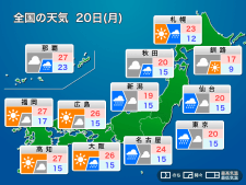 明日20日(月)の天気予報　東日本・東北は再び雨の週明け　西日本は晴れて汗ばむ暑さ