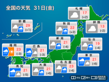 今日31日(金)の天気予報　全国的に傘の出番　関東は強い雨風に注意