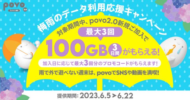 povo2.0 『梅雨のデータ利用応援キャンペーン』で新規加入者にデータボーナス100GB！