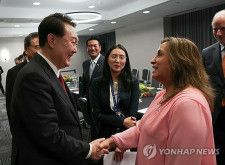 握手を交わす韓国の尹大統領（左）とペルーのボルアルテ大統領（共同取材）＝１６日、サンフランシスコ（聯合ニュース）