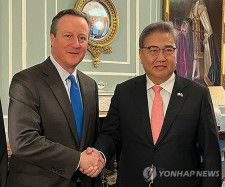 握手を交わす韓国の朴振外交部長官（右）と英国のキャメロン外相＝２１日、ロンドン（聯合ニュース）
