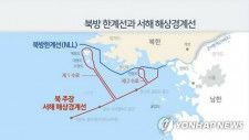青い線が黄海のＮＬＬで、赤い線は北朝鮮が主張する海上境界線＝（聯合ニュースＴＶ）