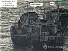 昨年１２月、公海上で北朝鮮船舶がパナマ船舶から石油を積み替えている。この北朝鮮船舶は国連の制裁対象に指定されている（米財務省提供）＝（聯合ニュース）≪転載・転用禁止≫