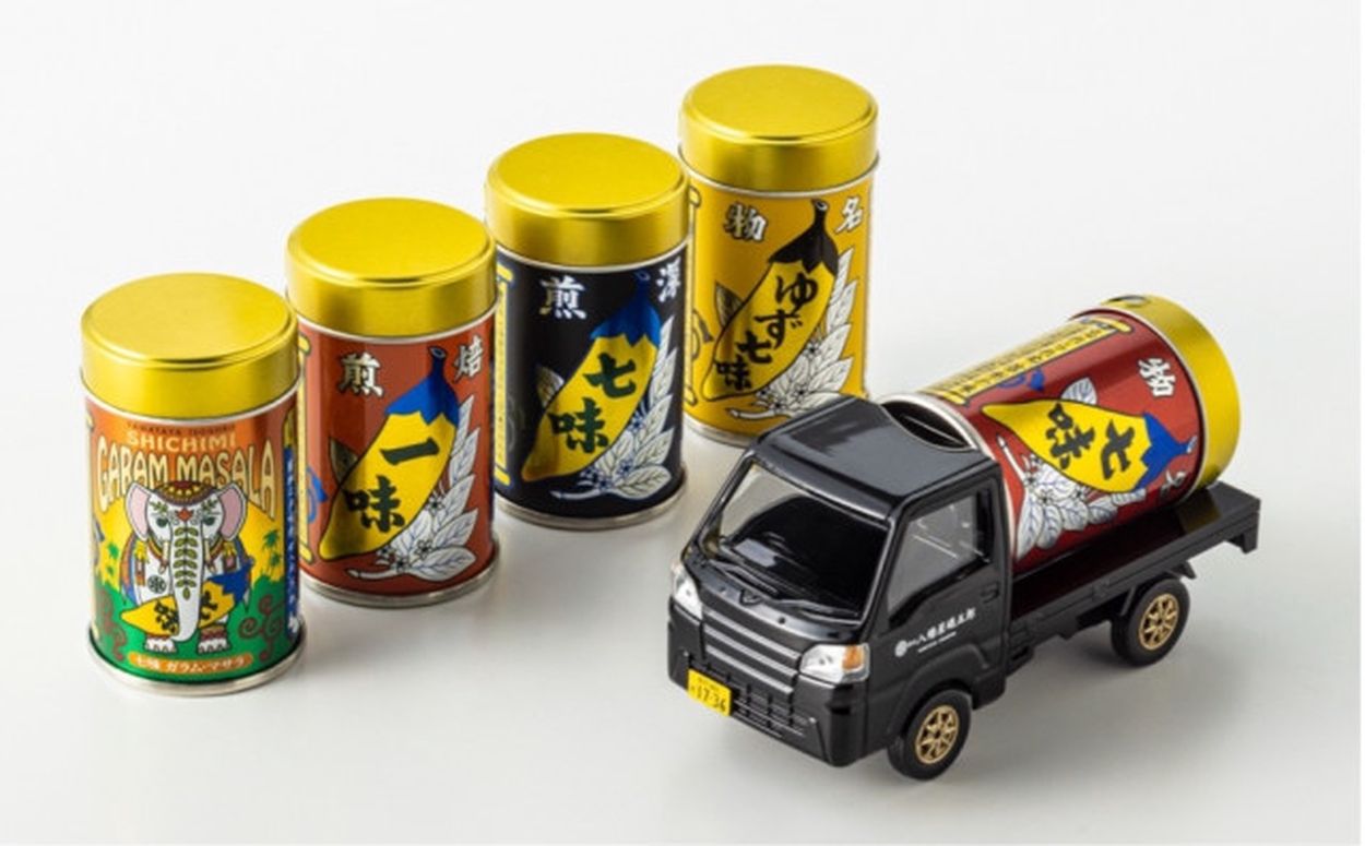 4個セット 八幡屋礒五郎 ミニカー くるま缶mini 七味 限定